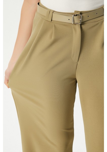 Kadın Rena Kemerli Likralı Yağ Yeşili Palazzo Pantolon