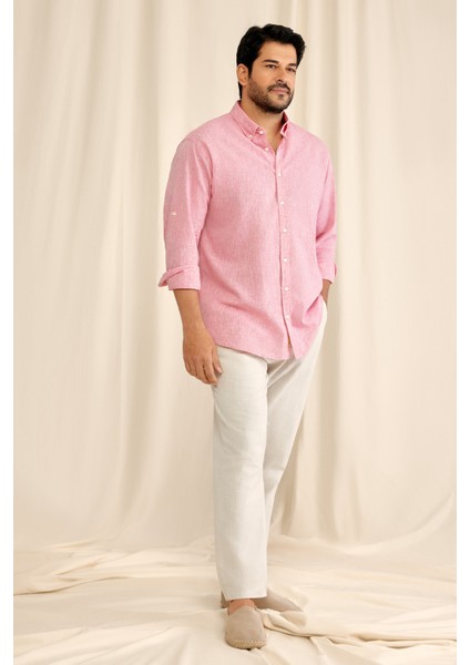 Erkek Fuşya Comfort Fit Rahat Kesim Düğmeli Yaka Casual Keten Gömlek