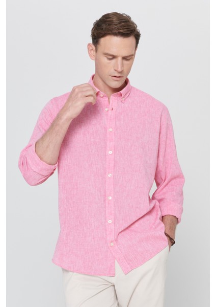 Erkek Fuşya Comfort Fit Rahat Kesim Düğmeli Yaka Casual Keten Gömlek fiyatları