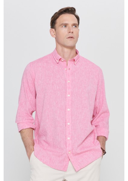 Erkek Fuşya Comfort Fit Rahat Kesim Düğmeli Yaka Casual Keten Gömlek indirimleri