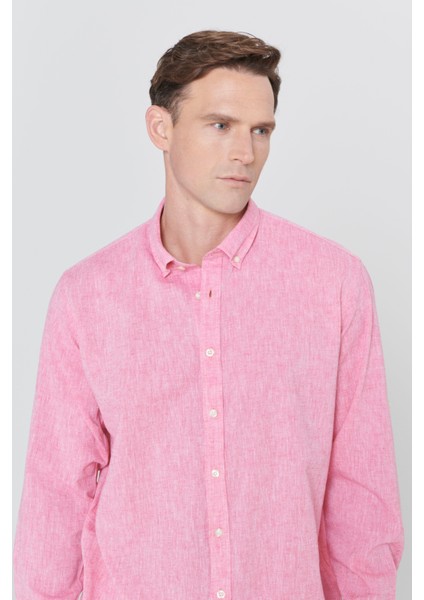Erkek Fuşya Comfort Fit Rahat Kesim Düğmeli Yaka Casual Keten Gömlek