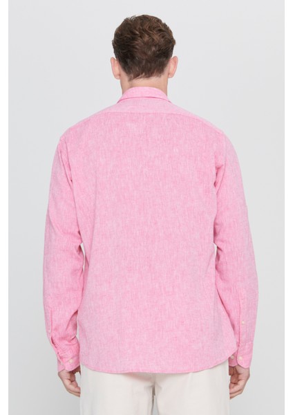 Erkek Fuşya Comfort Fit Rahat Kesim Düğmeli Yaka Casual Keten Gömlek