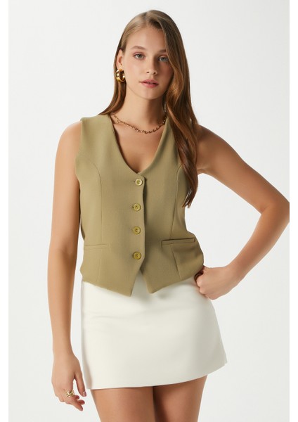 Kadın Milena Astarlı Yağ Yeşili Yelek fiyatları