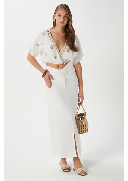 Kadın Nara Müslin Ekru Istiridye Nakışlı Bluz Etek Alt Üst Takım