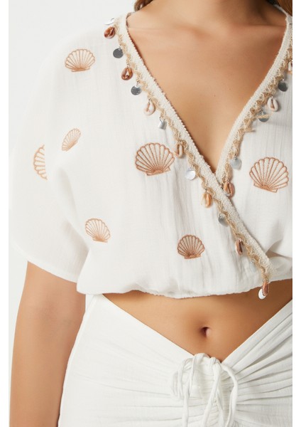 Kadın Nara Müslin Ekru Istiridye Nakışlı Bluz Etek Alt Üst Takım modelleri