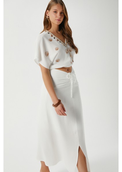 Kadın Nara Müslin Ekru Istiridye Nakışlı Bluz Etek Alt Üst Takım