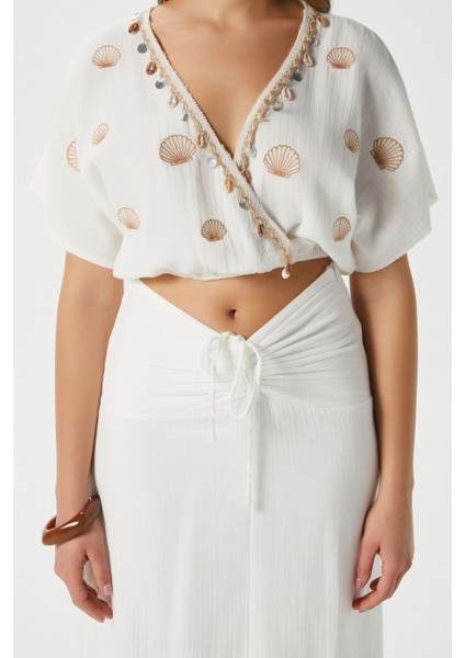 Kadın Nara Müslin Ekru Istiridye Nakışlı Bluz Etek Alt Üst Takım