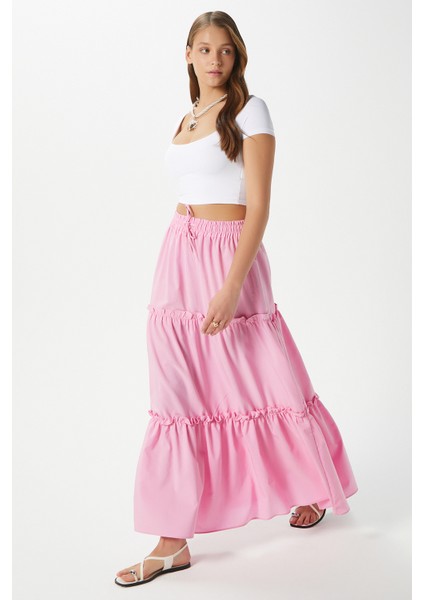 Kadın Elanora Pembe Astarlı Katlı Poplin Etek indirimleri