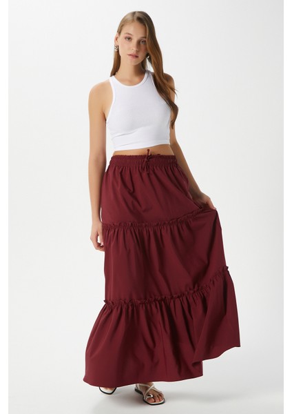 Kadın Elanora Bordo Astarlı Katlı Poplin Etek indirimleri