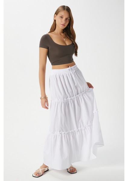 Kadın Elanora Beyaz Astarlı Katlı Poplin Etek