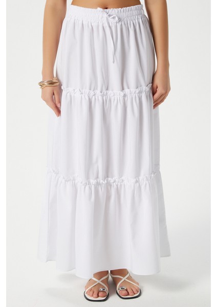 Kadın Elanora Beyaz Astarlı Katlı Poplin Etek modelleri