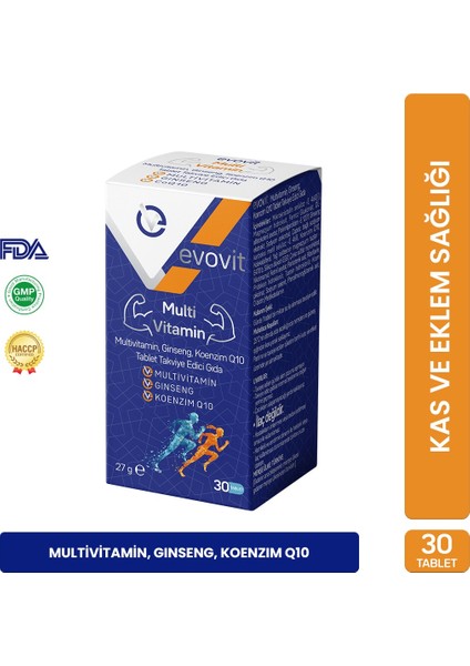 Evovit Multivitamin ve mineral, Ginseng, Koenzim Q10 İçeren 30 Tablet Takviye Edici Gıda