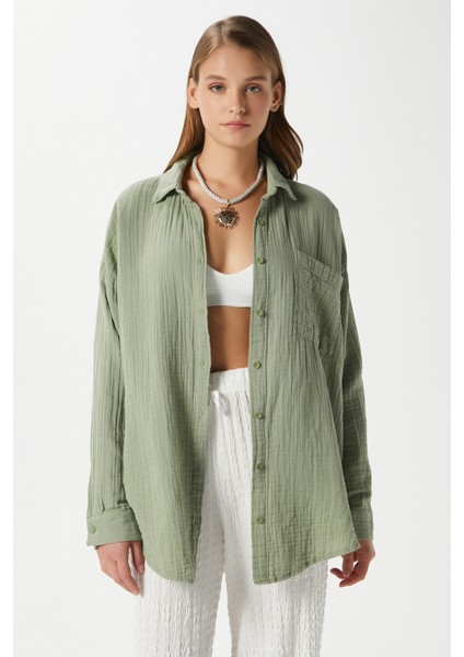 Kadın Tilda %100 Pamuk Müslin Oversize Haki Gömlek
