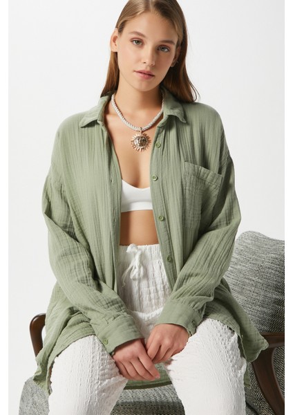 Kadın Tilda %100 Pamuk Müslin Oversize Haki Gömlek