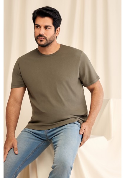 Erkek Haki %100 Pamuk Slim Fit Dar Kesim Bisiklet Yaka Tişört modelleri