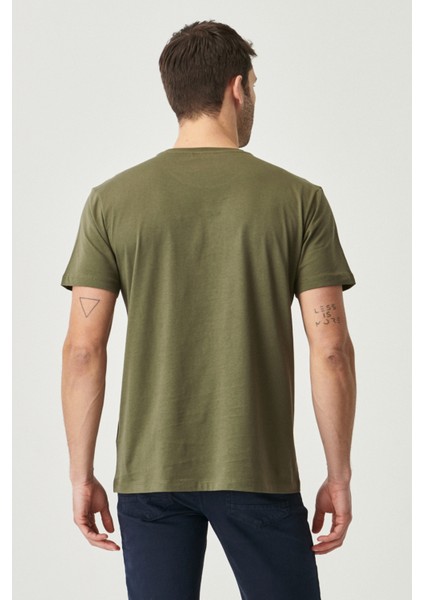 Erkek Haki %100 Pamuk Slim Fit Dar Kesim Bisiklet Yaka Tişört