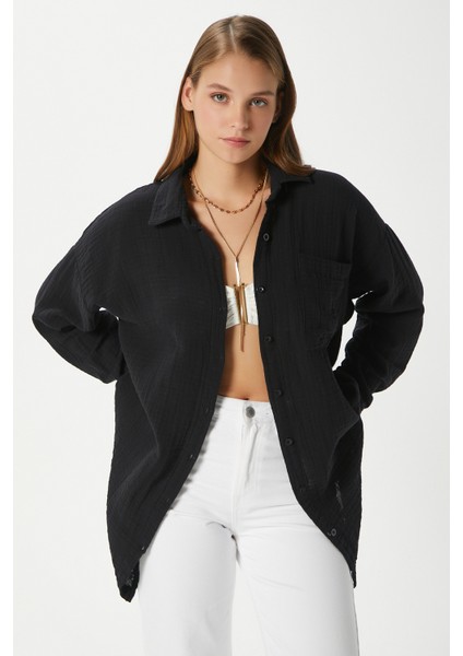 Kadın Tilda %100 Pamuk Müslin Oversize Siyah Gömlek