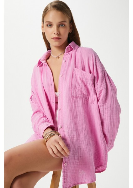 Kadın Tilda %100 Pamuk Müslin Oversize Pembe Gömlek fiyatları