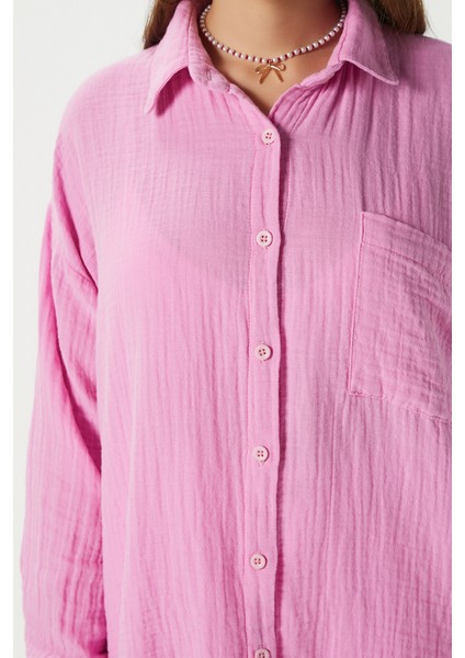 Kadın Tilda %100 Pamuk Müslin Oversize Pembe Gömlek modelleri