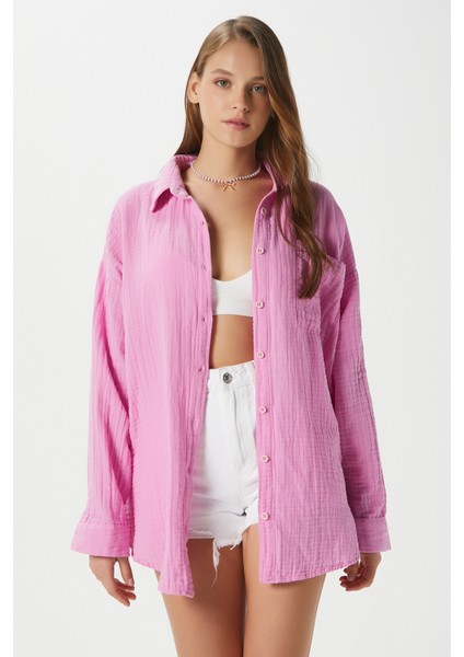 Kadın Tilda %100 Pamuk Müslin Oversize Pembe Gömlek indirimleri