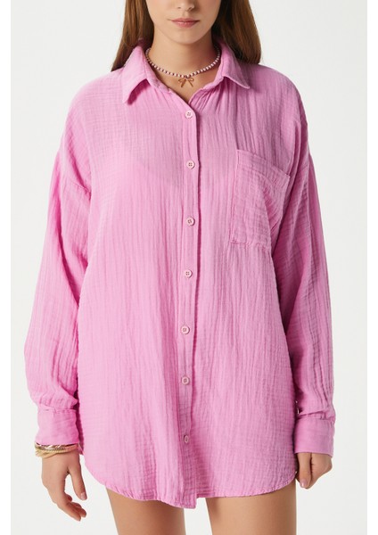 Kadın Tilda %100 Pamuk Müslin Oversize Pembe Gömlek
