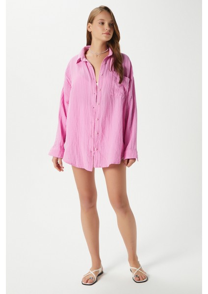 Kadın Tilda %100 Pamuk Müslin Oversize Pembe Gömlek