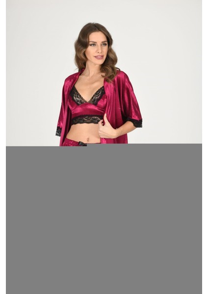 Fuşya Kadife Dantelli Sabahlık & Gecelik Takım 3' Lü - 1437