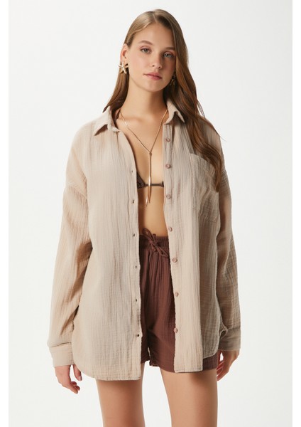 Kadın Tilda %100 Pamuk Müslin Oversize Bej Gömlek