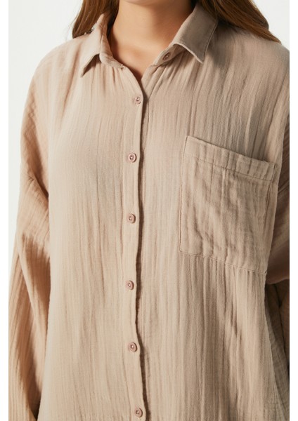 Kadın Tilda %100 Pamuk Müslin Oversize Bej Gömlek modelleri