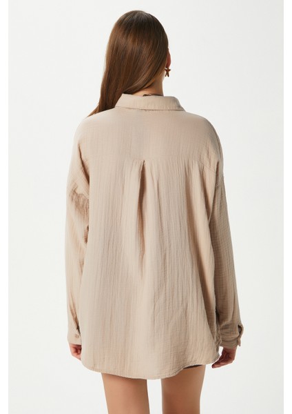 Kadın Tilda %100 Pamuk Müslin Oversize Bej Gömlek fırsatları