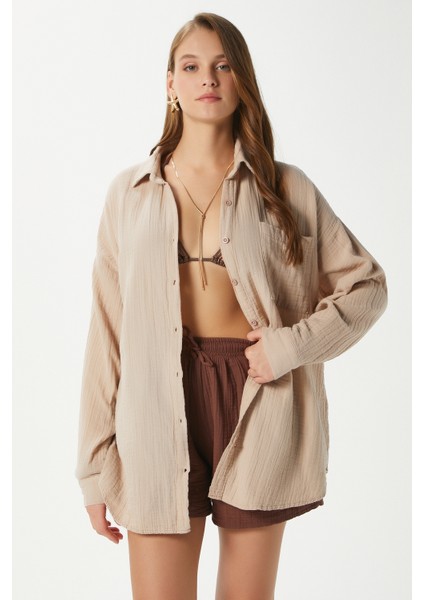 Kadın Tilda %100 Pamuk Müslin Oversize Bej Gömlek indirimleri