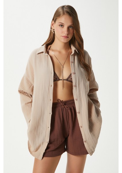 Kadın Tilda %100 Pamuk Müslin Oversize Bej Gömlek