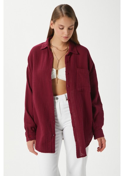 Kadın Tilda %100 Pamuk Müslin Oversize Bordo Gömlek
