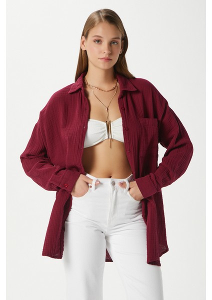 Kadın Tilda %100 Pamuk Müslin Oversize Bordo Gömlek modelleri