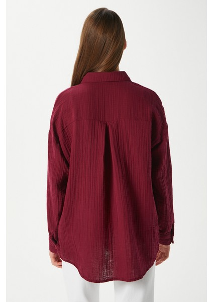 Kadın Tilda %100 Pamuk Müslin Oversize Bordo Gömlek fırsatları