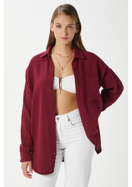 Kadın Tilda %100 Pamuk Müslin Oversize Bordo Gömlek indirimleri