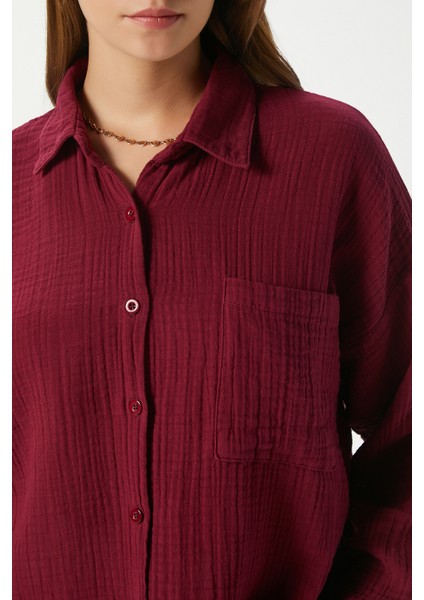 Kadın Tilda %100 Pamuk Müslin Oversize Bordo Gömlek