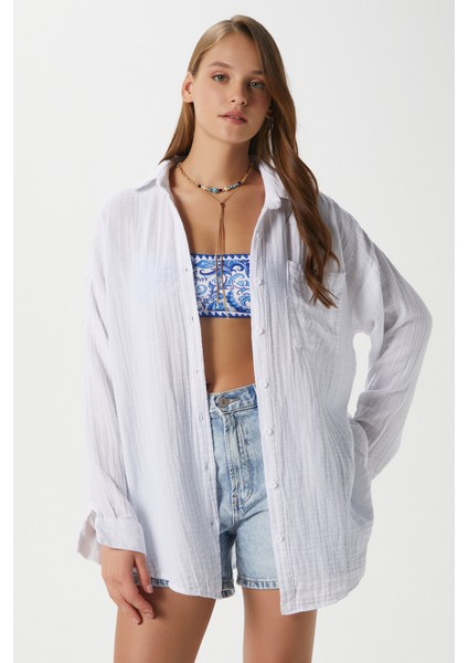 Kadın Tilda %100 Pamuk Müslin Oversize Beyaz Gömlek
