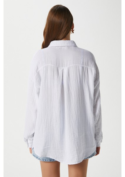Kadın Tilda %100 Pamuk Müslin Oversize Beyaz Gömlek