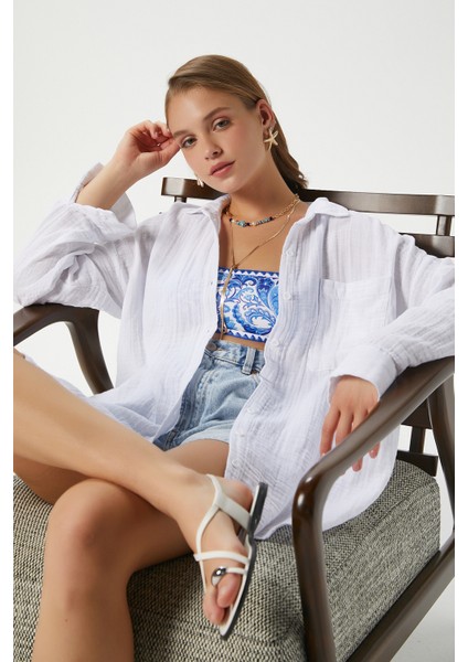 Kadın Tilda %100 Pamuk Müslin Oversize Beyaz Gömlek