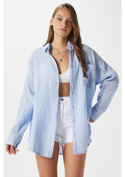 Kadın Tilda %100 Pamuk Müslin Oversize Mavi Gömlek