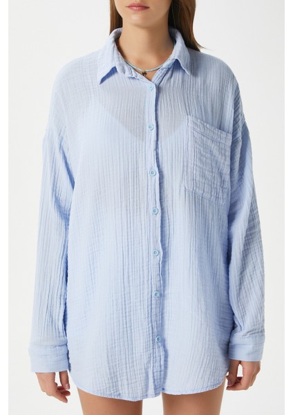 Kadın Tilda %100 Pamuk Müslin Oversize Mavi Gömlek