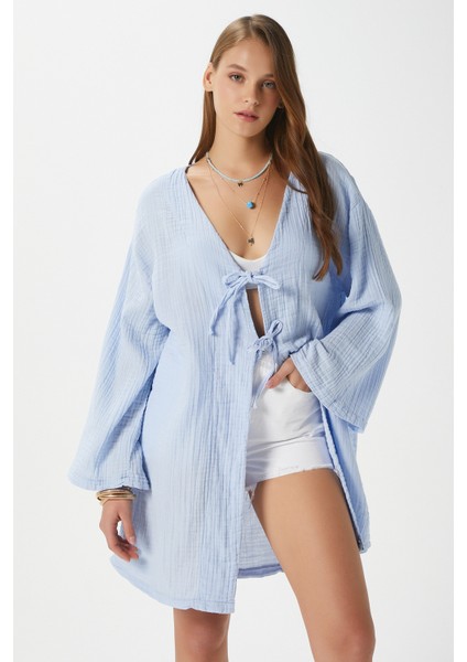 Kadın Sandra %100 Pamuk Müslin Bağcıklı Mavi Kimono
