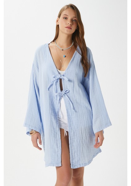 Kadın Sandra %100 Pamuk Müslin Bağcıklı Mavi Kimono fiyatları