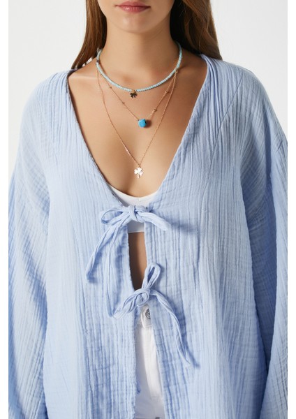 Kadın Sandra %100 Pamuk Müslin Bağcıklı Mavi Kimono modelleri