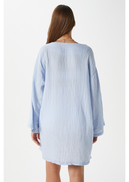 Kadın Sandra %100 Pamuk Müslin Bağcıklı Mavi Kimono
