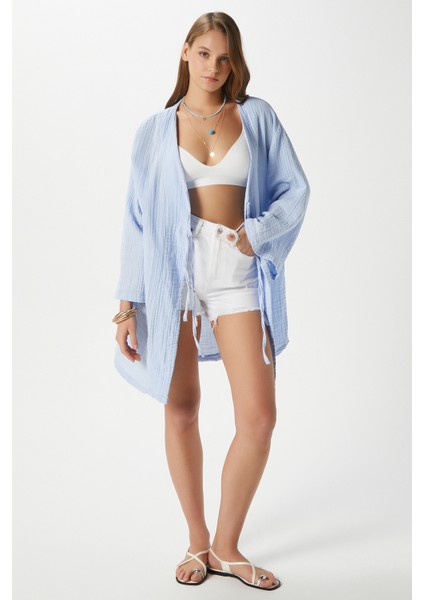 Kadın Sandra %100 Pamuk Müslin Bağcıklı Mavi Kimono