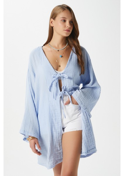 Kadın Sandra %100 Pamuk Müslin Bağcıklı Mavi Kimono