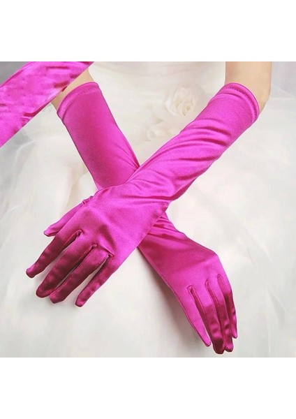 Uzun Boy Ekstra Parlak Saten Eldiven Fuşya Renk (5047)