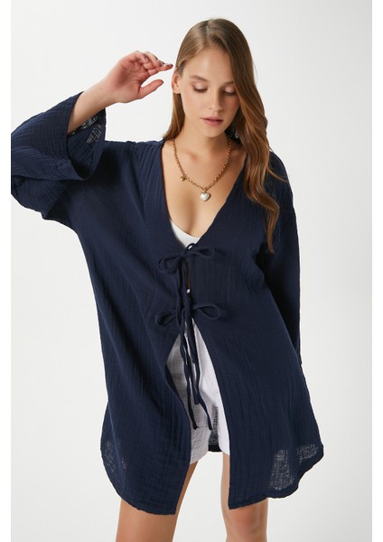 Kadın Sandra %100 Pamuk Müslin Bağcıklı Lacivert Kimono fiyatları
